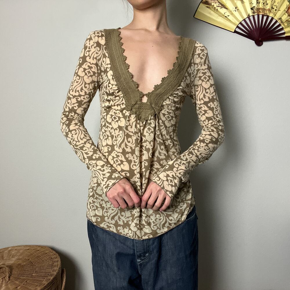 y2k tan brown boho damask floral lace plunge v neck babydoll blouse top